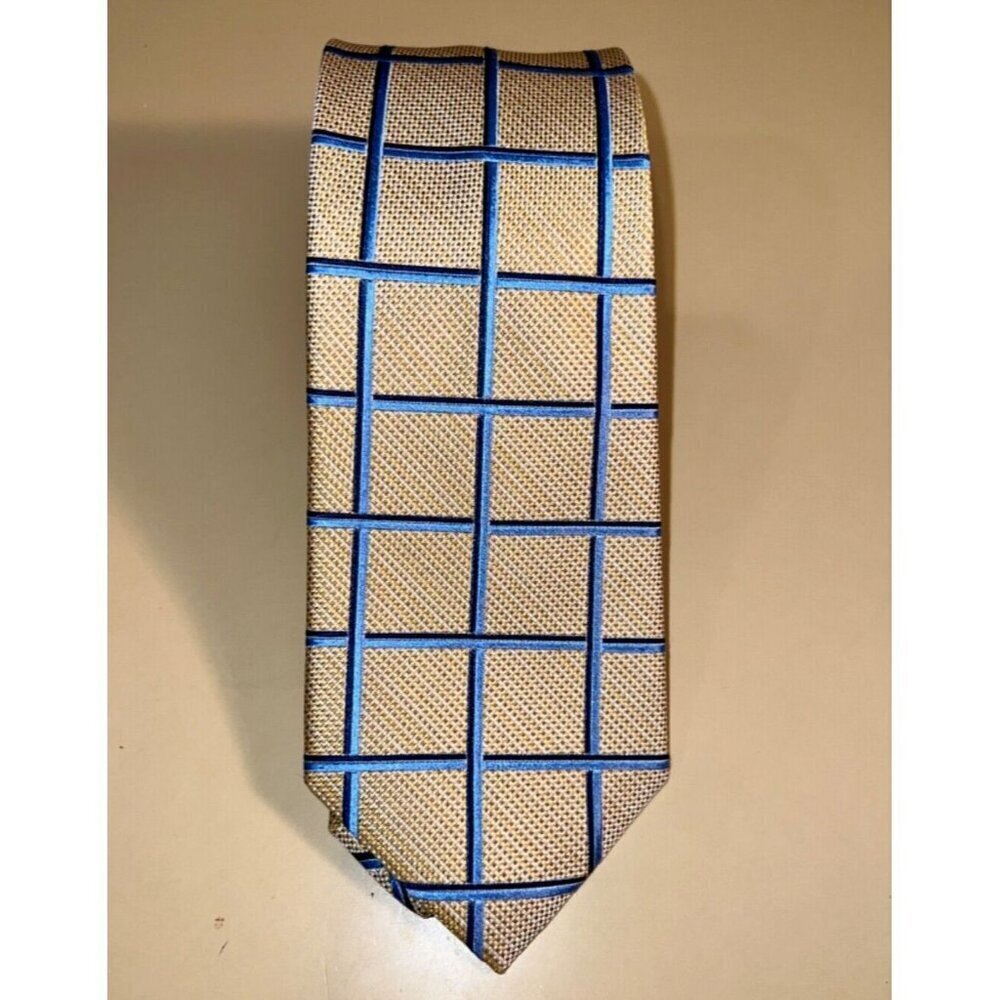 Joseph A. Bank Necktie Heritage 100% Silk Gold Yellow with Blue Grid Squares